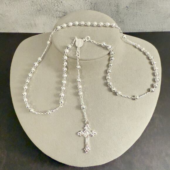 20in Long Rosary Beads Necklace Solid 925 Sterling Silver ITALY 4.8mm-NEW - Picture 3 of 13